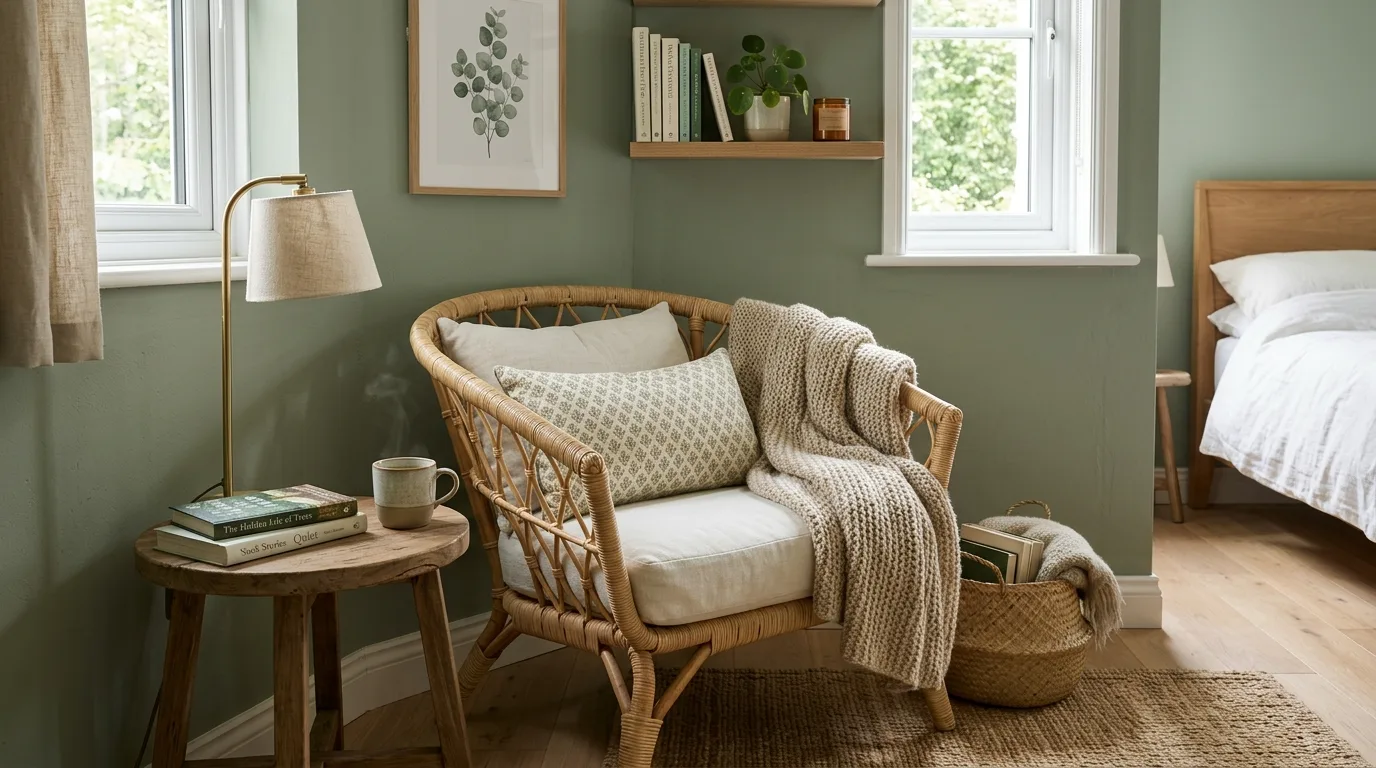 Add woven accents for a more organic feel inspiration for a sage green bedroom.